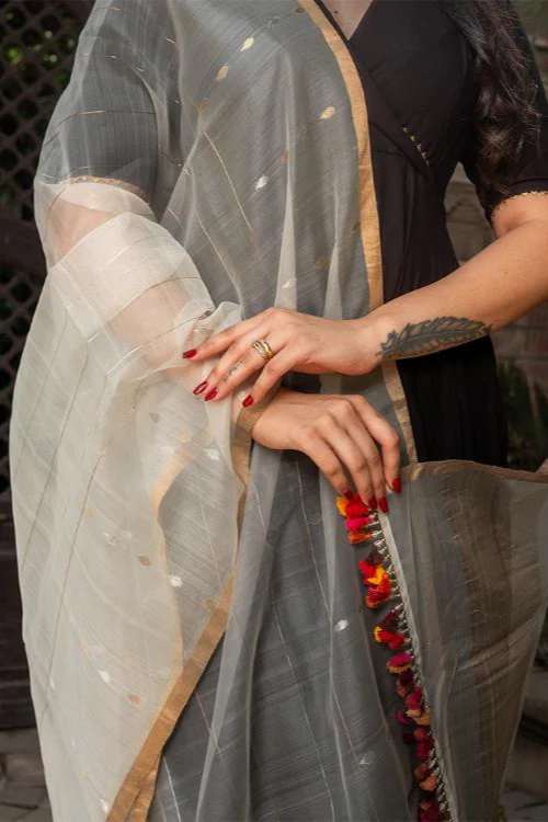 Craftroots Multi-Colour Tassels Organza Silk Dupatta - Image 3