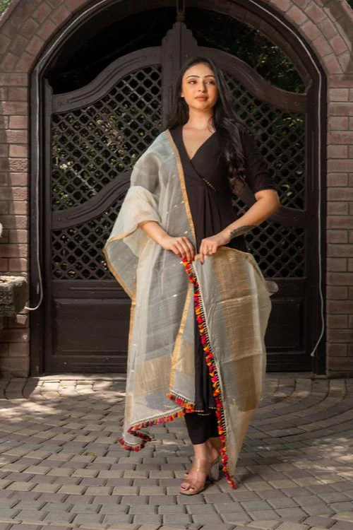 Craftroots Multi-Colour Tassels Organza Silk Dupatta - Image 4