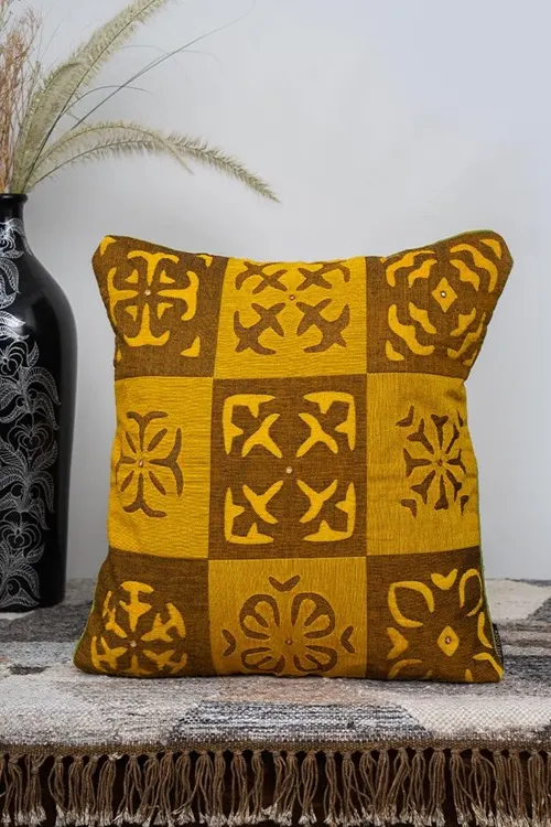 Craftroots Mustard & Blue Applique Patchwork Cushion Cover Set Of 2 - Image 4