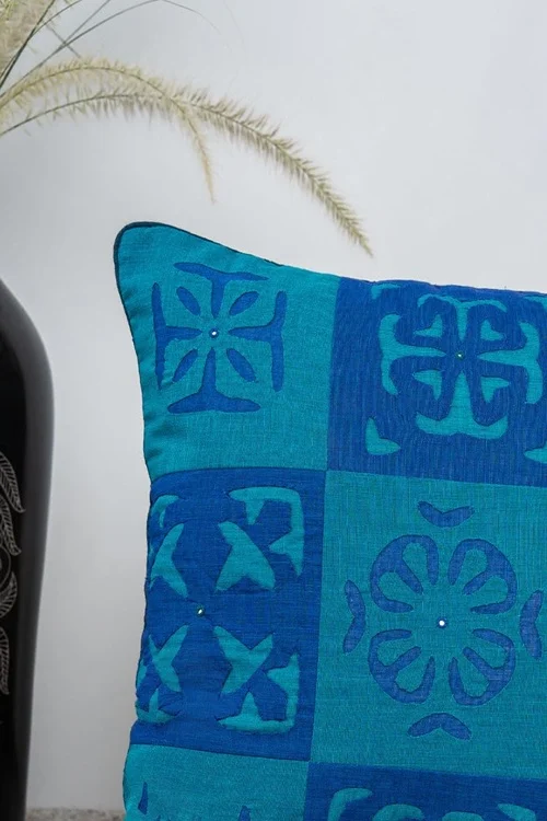 Craftroots Mustard & Blue Applique Patchwork Cushion Cover Set Of 2 - Image 8