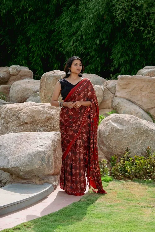 Craftroots Orange-Black Ajrakh Modal Saree With Tassels - Image 2