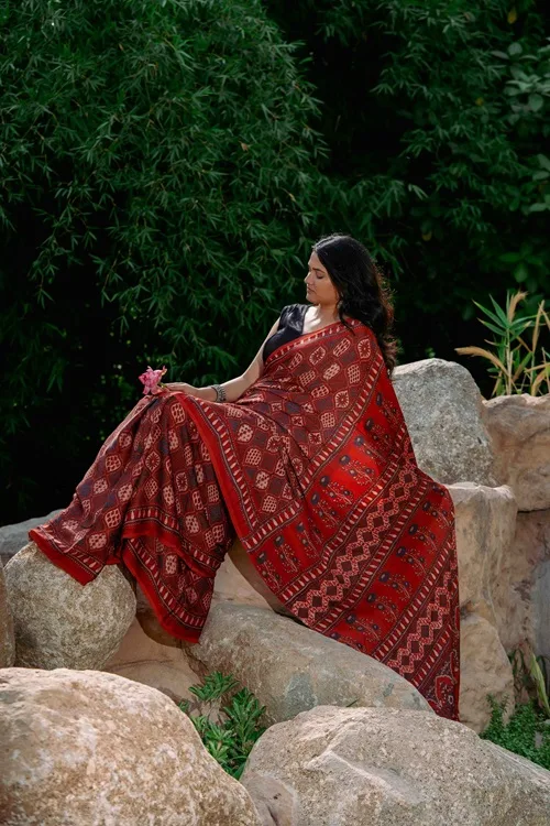 Craftroots Orange-Black Ajrakh Modal Saree With Tassels - Image 3
