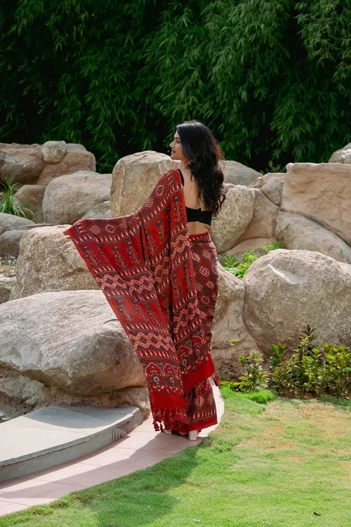 Craftroots Orange-Black Ajrakh Modal Saree With Tassels - Image 4