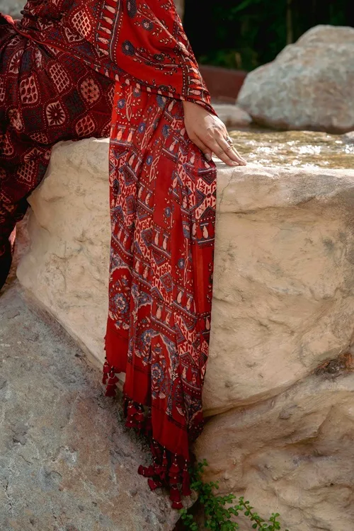 Craftroots Orange-Black Ajrakh Modal Saree With Tassels - Image 5
