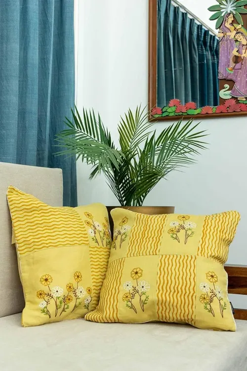 Craftroots Pastel Yellow Aari Floral Embroidered Artisan Cushion Cover Set Of 2