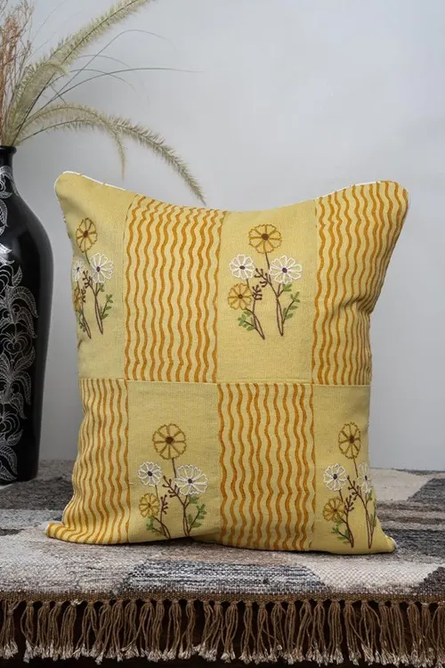 Craftroots Pastel Yellow Aari Floral Embroidered Artisan Cushion Cover Set Of 2 - Image 2