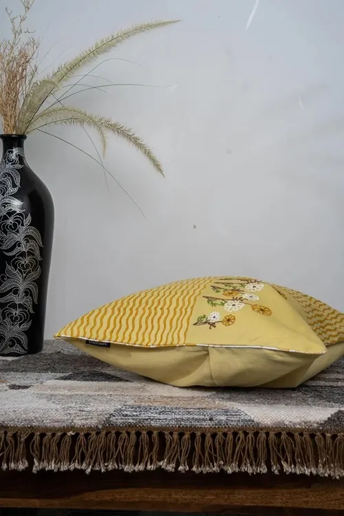Craftroots Pastel Yellow Aari Floral Embroidered Artisan Cushion Cover Set Of 2 - Image 6