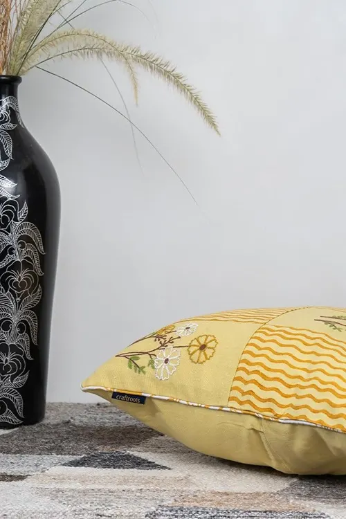 Craftroots Pastel Yellow Aari Floral Embroidered Artisan Cushion Cover Set Of 2 - Image 7