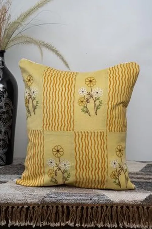Craftroots Pastel Yellow Aari Floral Embroidered Cushion Cover Set Of 2 - Image 6