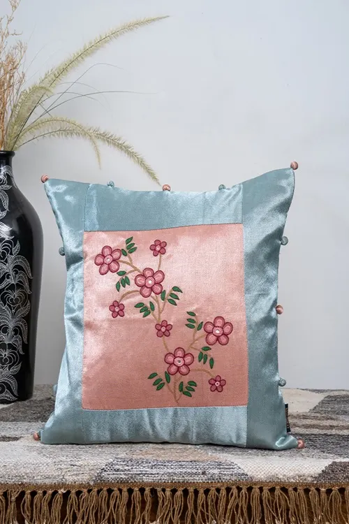 Craftroots Peach Floral Aari Hand-Embroidered Cushion Cover - Image 2
