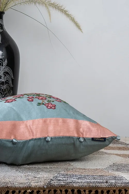 Craftroots Peach Floral Aari Hand-Embroidered Cushion Cover - Image 4