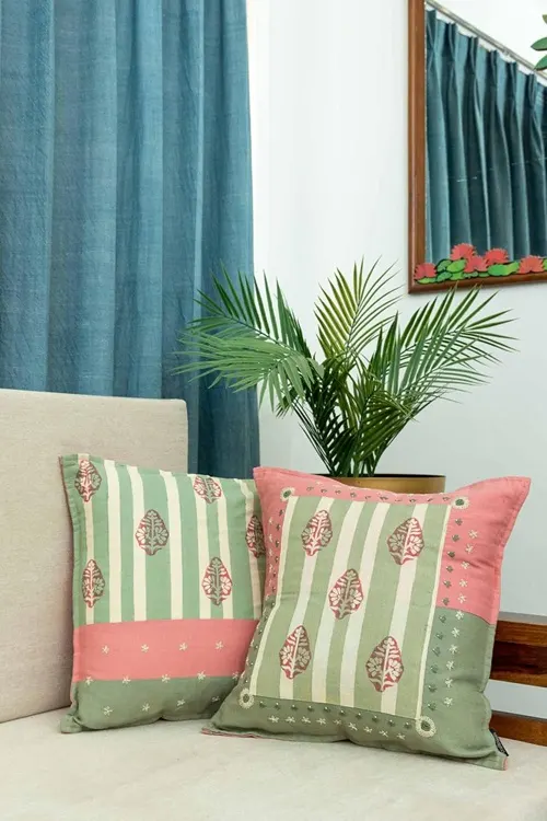 Craftroots Peach & Mint Daisy Artisan Handmade Cushion Covers Set Of 2