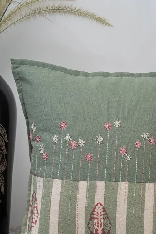 Craftroots Peach & Mint Daisy Hand Block And Aari Work Cushion Cover Set Of 2 - Image 6