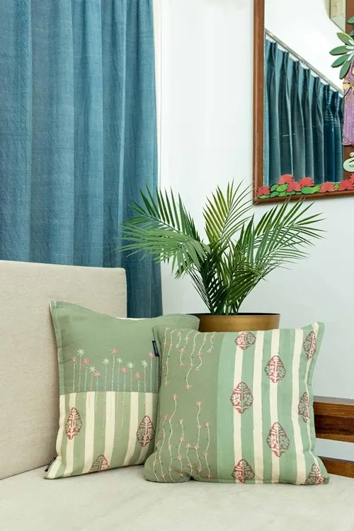 Craftroots Peach & Mint Daisy Hand Block Print Cushion Cover Set Of 2