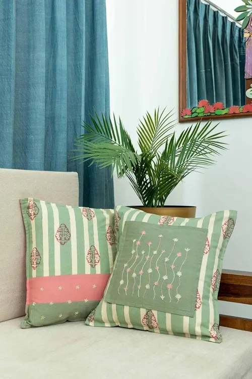 Craftroots Peach & Mint Daisy Handblock Printed Cushion Cover Set Of 2