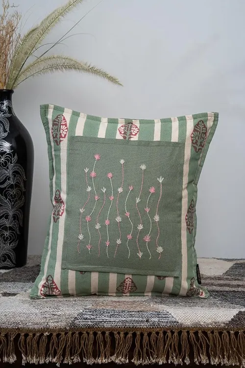 Craftroots Peach & Mint Daisy Handblock Printed Cushion Cover Set Of 2 - Image 2