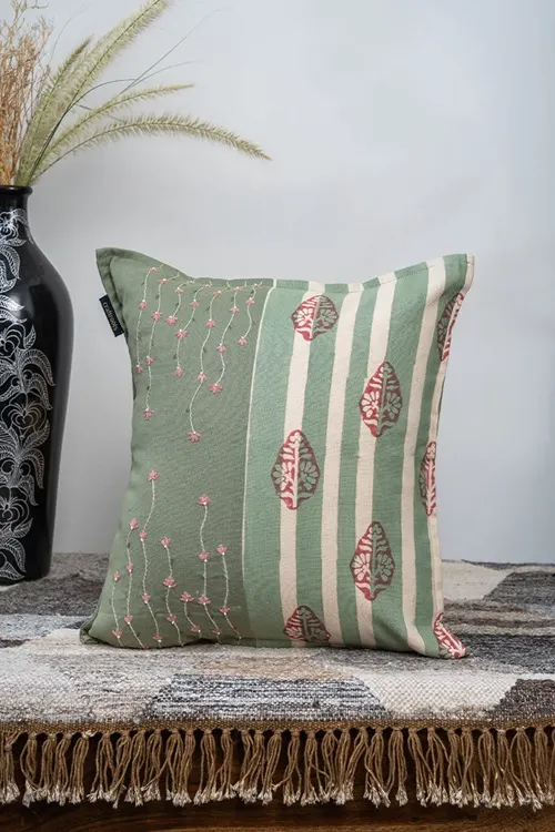 Craftroots Peach & Mint Daisy Handcrafted Cushion Cover