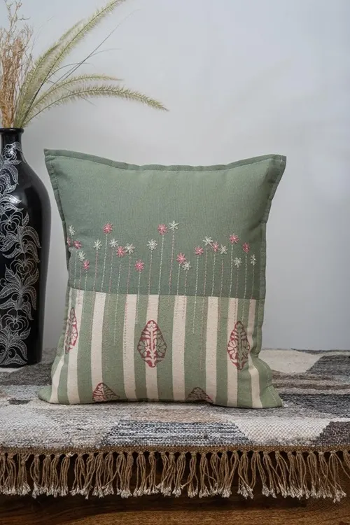 Craftroots Peach & Mint Green Block Print And Aari Work Daisy Cushion Cover Set Of 2 - Image 2