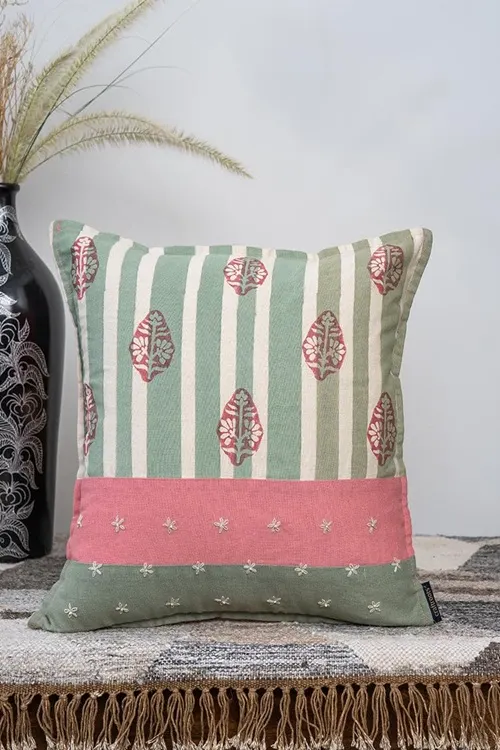Craftroots Peach & Mint Green Block Print And Aari Work Daisy Cushion Cover Set Of 2 - Image 3