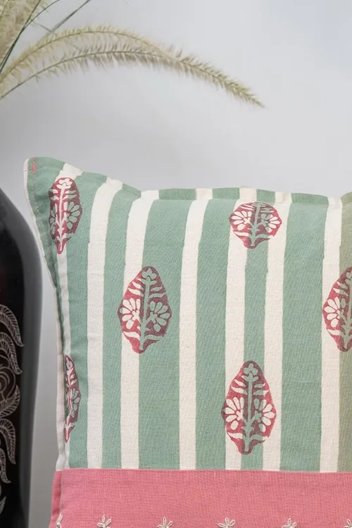 Craftroots Peach & Mint Green Block Print And Aari Work Daisy Cushion Cover Set Of 2 - Image 6