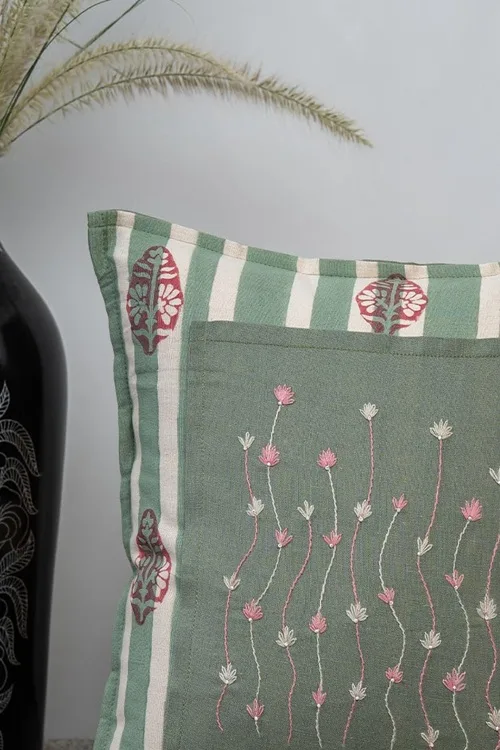 Craftroots Peach & Mint Green Daisy Hand Block Print Cushion Cover Set Of 2 - Image 5