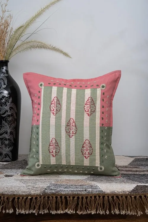 Craftroots Peach & Mint Green Hand-Embroidered Daisy Cushion Cover Set Of 2 - Image 2