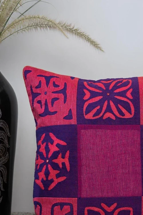 Craftroots Pink & Mustard Applique Patchwork Cushion Cover Set Of 2 - Image 4