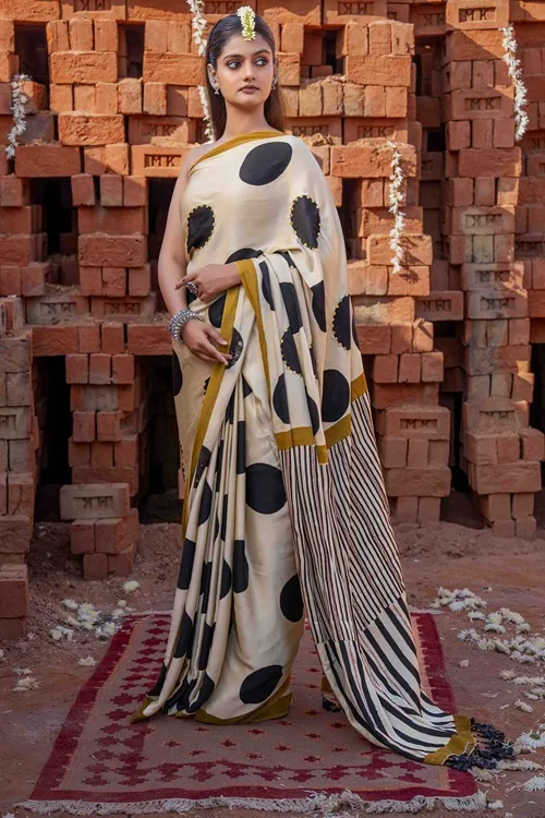 Craftroots Polka Dots Block Printed Modal Silk Saree - Image 2