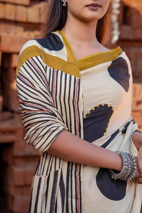 Craftroots Polka Dots Block Printed Modal Silk Saree - Image 3