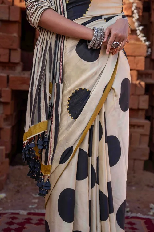 Craftroots Polka Dots Block Printed Modal Silk Saree - Image 4