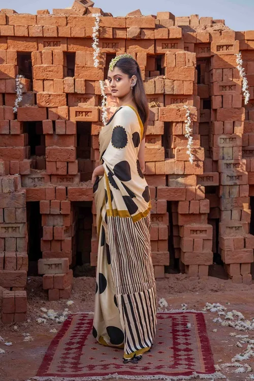 Craftroots Polka Dots Block Printed Modal Silk Saree - Image 7