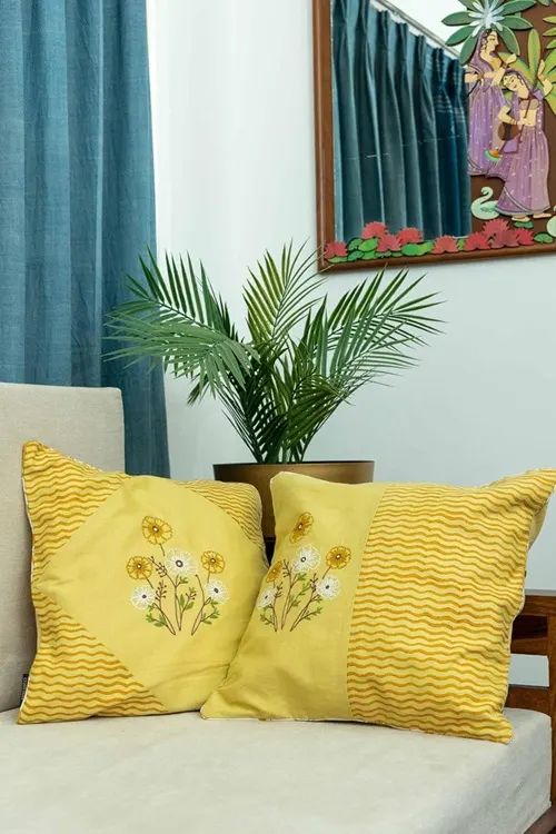 Craftroots Yellow Aari Hand-Embroidered Floral Cushion Cover Set Of 2