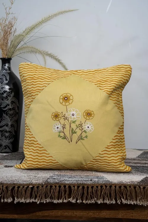 Craftroots Yellow Aari Hand-Embroidered Floral Cushion Cover Set Of 2 - Image 2