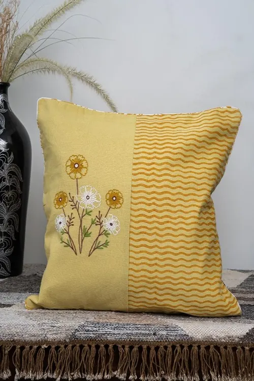 Craftroots Yellow Aari Hand-Embroidered Floral Cushion Cover Set Of 2 - Image 3