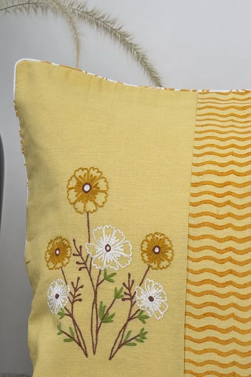 Craftroots Yellow Aari Hand-Embroidered Floral Cushion Cover Set Of 2 - Image 4