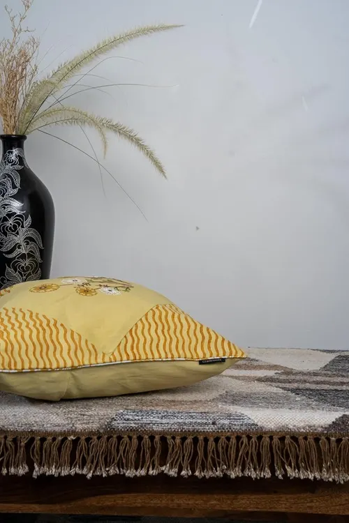 Craftroots Yellow Aari Hand-Embroidered Floral Cushion Cover Set Of 2 - Image 7