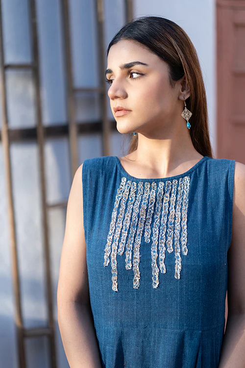 Creative Bee 'ELYSIAN' Handwoven Natural Dyed Indigo Cotton Sleeveless Dress - Image 2