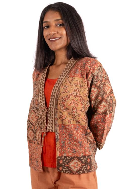 Creative Bee 'EMZIA' Women's Handwoven, Multiblock Patterned, Natural-Colored, Block Printed Reversible Short Jacket - Image 2