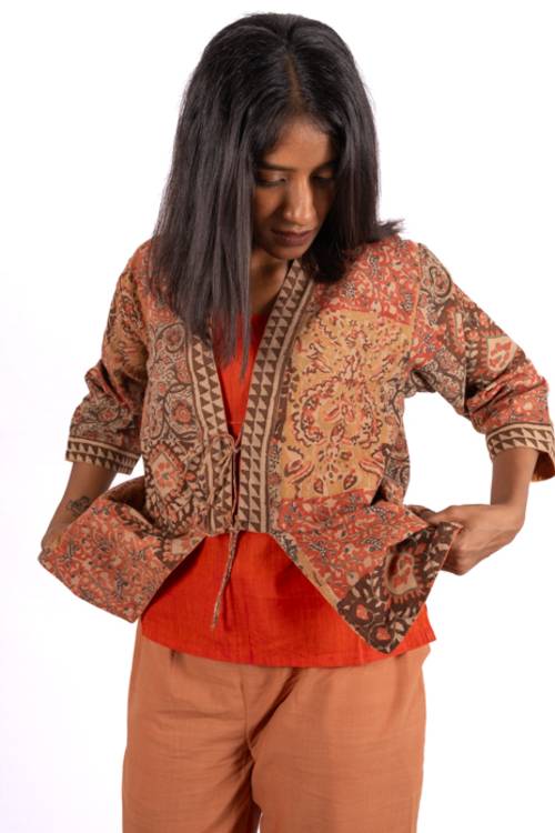 Creative Bee 'EMZIA' Women's Handwoven, Multiblock Patterned, Natural-Colored, Block Printed Reversible Short Jacket - Image 3