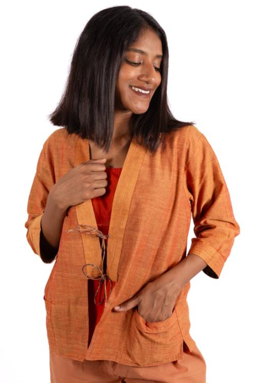 Creative Bee 'EMZIA' Women's Handwoven, Multiblock Patterned, Natural-Colored, Block Printed Reversible Short Jacket - Image 6