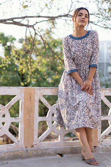 Creative Bee 'EXQUISITE' Natural Dyed Block Printed Cotton Gathered Dress - Image 4