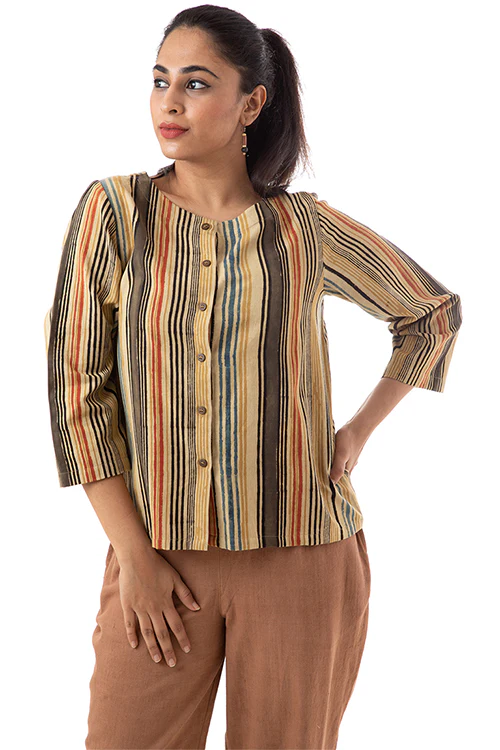 Creative Bee 'LITTES' Handwoven Stripe Geometric Patterened Pure Cotton Shirt Top