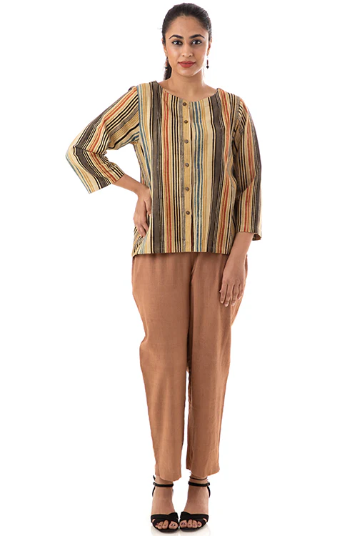 Creative Bee 'LITTES' Handwoven Stripe Geometric Patterened Pure Cotton Shirt Top - Image 3