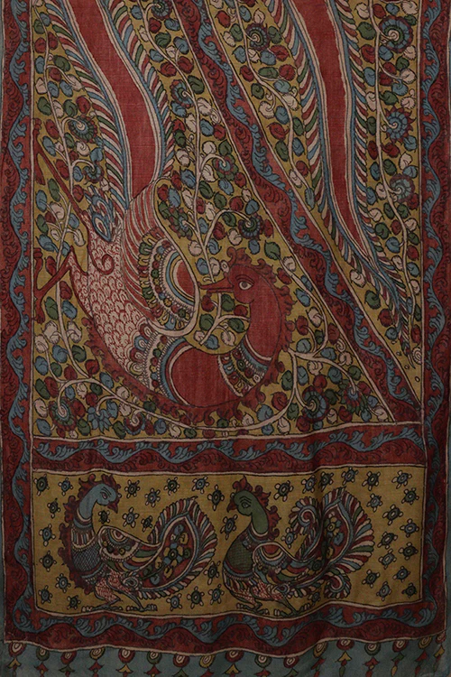 Creative Bee 'Morani' Natural Dye Hand-Painted Kalamkari Silk Dupatta - Image 2