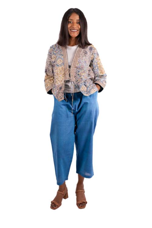 Creative Bee 'NOA' Women's Handwoven, Multiblock Patterned, Natural-Colored, Block Printed Reversible Short Jacket - Image 2