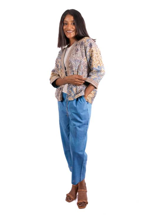 Creative Bee 'NOA' Women's Handwoven, Multiblock Patterned, Natural-Colored, Block Printed Reversible Short Jacket - Image 5