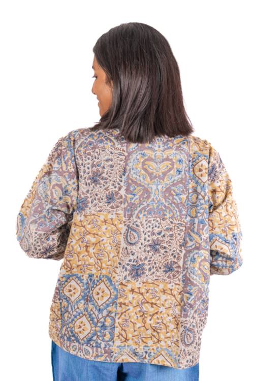 Creative Bee 'NOA' Women's Handwoven, Multiblock Patterned, Natural-Colored, Block Printed Reversible Short Jacket - Image 6
