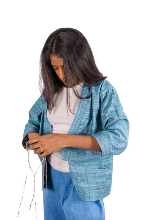 Creative Bee 'NOA' Women's Handwoven, Multiblock Patterned, Natural-Colored, Block Printed Reversible Short Jacket - Image 7