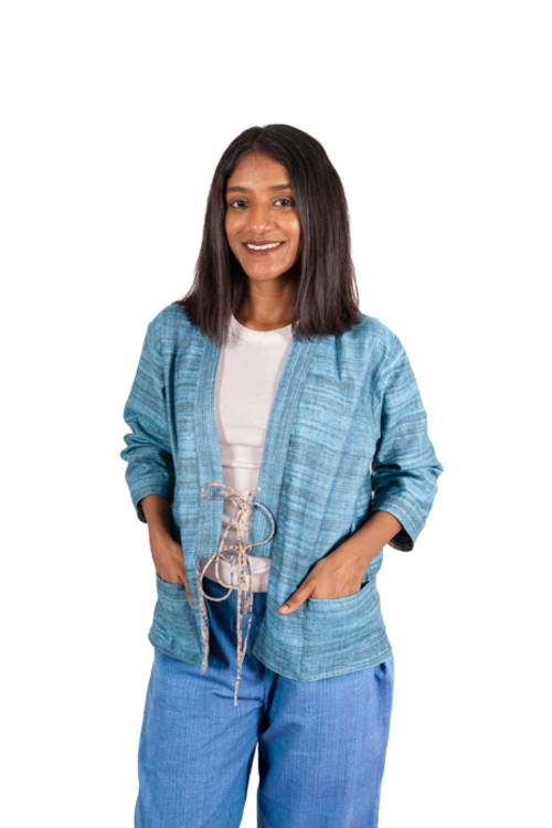 Creative Bee 'NOA' Women's Handwoven, Multiblock Patterned, Natural-Colored, Block Printed Reversible Short Jacket - Image 8
