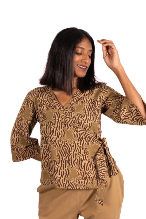 Creative Bee 'SANDTIDE' Wrap Top With Natural Dye, Hand Block Printed With Tortoise Design - Image 4